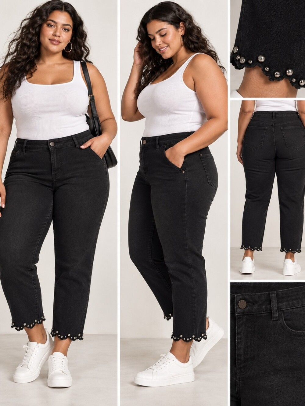 Laura Plus Black Studded Scallop Hem Crop Jeans